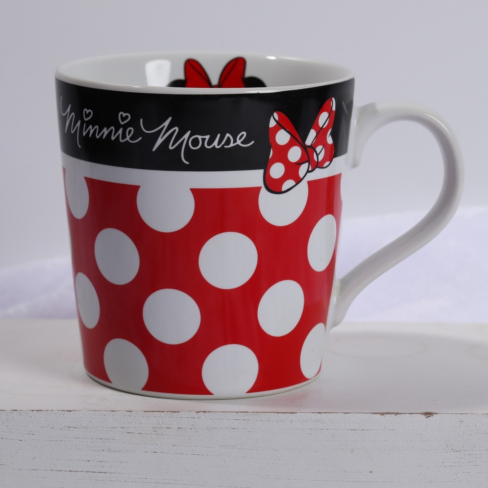 Disney Minnie Mouse Polka Dot Mug Vandor Red Black White Bow Ceramic